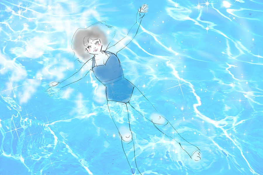 プールに浮かぶ水着の女性